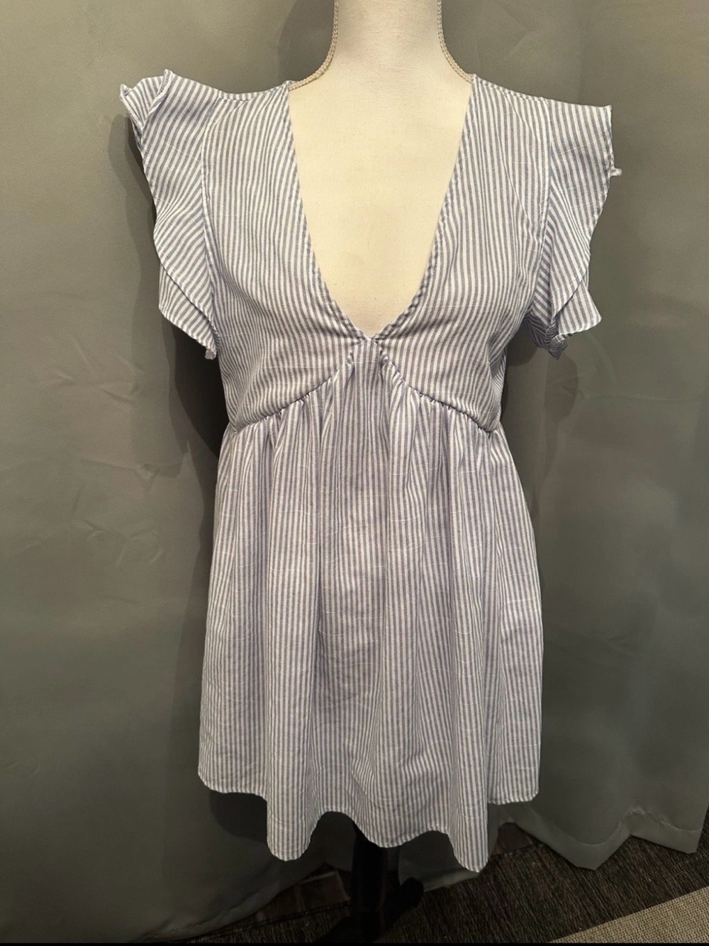 Shinestar Blue and White Striped V-Neck Tunic Top